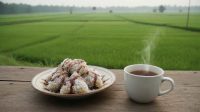 Kenikmatan Sepiring Lupis Ketan dan Kopi di Tepi Sawah Sepiring lupis ketan disajikan dengan taburan kelapa parut dan saus gula merah cair, ditemani secangkir kopi panas mengepul dengan latar belakang sawah hijau yang asri.