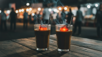 Nikmatnya Kopi Jos Arang Panas di Suasana Malam Dua gelas kopi jos panas mengepul dengan arang merah membara di dalamnya, diletakkan di meja kayu tua dengan latar belakang keramaian pasar malam yang buram.